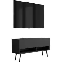 3Xeliving TV-Lowboard 100 cm Mattschwarz, schwarze schräge Beine, 100 × 32 × 52 cm