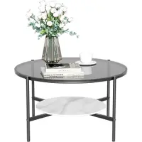 WISFOR rund Couchtisch aus gehärtetes Glas+Marmor+Metall, Wohnzimmertisch Glastisch Sofatisch, mit 2 Ablagen Modern Design, Grau