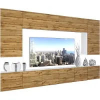 Belini Wohnwand Vollausstattung Wohnzimmer-Set Moderne Schrankwand mit LED-Beleuchtung Weiß Glänzend Anbauwand TV-Schrank Wotan-Eiche Matt