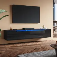 Sonni TV-Schrank Schwarz Hochglanz 160 x 35 x 30cm Ausgestattet mit RGB-Lichtleiste und Aufbewahrungsschrank Wandmontage möglich
