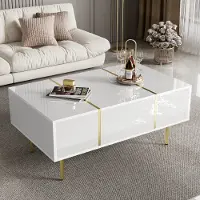 MODFU Couchtisch Wohnzimmertisch Hochglanz für Wohnzimmer, Schlafzimmer, Beistelltisch Rechteckiger mit 2 Schubladen, Weiß