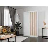 MargaretHadas24 Kleiderschrank Lili mit Lamellen 120 cm inklusive 2 Schiebetüren Schwebetürenschrank Kleiderstange Garderobe Schrank Lieferung bis in die Wohnung (Farbe: weiß, weiß, Lamelle wotan)