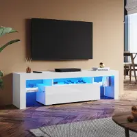 Sonni TV-Schrank Weiß Hochglanz 160 x 39 x 30cm Ausgestattet mit RGB-Lichtleiste und Aufbewahrungsschrank