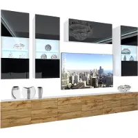 Belini Wohnwand Vollausstattung Wohnzimmer-Set Moderne Schrankwand mit LED-Beleuchtung Weiß Glänzend Anbauwand TV-Schrank Schwarz / Wotan Eiche Glänzend/Matt