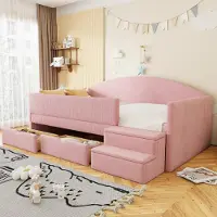 Flieks Polsterbett 90x190cm mit 2 Schubladen, Kinderbett Schlafsofa mit Treppe, Kinder Hochbett mit Rausfallschutz, Samt, Rosa