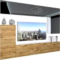 Belini Wohnwand Vollausstattung Wohnzimmer-Set Moderne Schrankwand mit LED-Beleuchtung Weiß Glänzend Anbauwand TV-Schrank Schwarz / Eiche Wotan Glänzend/Matt