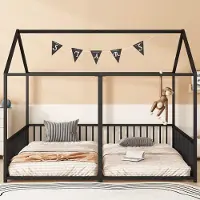 ALFORIGO Hausbett 90x200 cm, Eisen, für 2 Kinder, Kinderbett mit seitlichem Begrenzungsgeländer als Bettgestell mit schlichter Linienführung, Schwarz