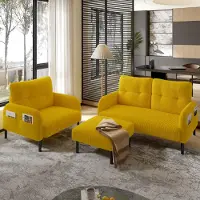 LVHOM Cord 3er-Set 2-Sitzer+Sessel+Hocker, Flexibel für Wohnzimmer Ecksofa mit Seitentaschen, Sitzgruppe Gelb