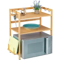Relaxdays Mikrowellen Regal, HxBxT: 67 x 61 x 35 cm, Bambus, 2 Ebenen, Bretthalter, 4 Haken, Küchenregal stehend, natur