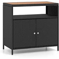 Costway 2-türige Gartenschrank Rattan, Buffetschrank mit Akazienholz Arbeitsplatte & offenes Fach, Aufbewahrungsschrank 90x53x86cm schwarz