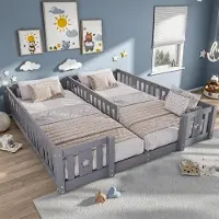 UnboxG Graues Massivholz-Kinderbodenbett mit Schutzgittern – 2er-Set, für 90x200 cm Matratzen, Kindersicher, Montagefreundlich, Modernes Design