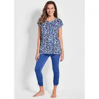 Goldner Hausanzug "Moderner Strandanzug mit Druck", Damen, Gr. 44, blau (royalblau, gemustert), Obermaterial: 95% Viskose CV. 5% Elasthan EL., figurumspielend, Homewear-Sets Hausanzug, Raffung am Bein