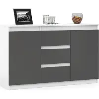 VBChome Kommode 120 x 35 x 75 cm mit Schubladen und 2 Türen Weiß - Graphit Grifflose Schubladenkommode Mehrzweckschrank für Flur Schlafzimmer