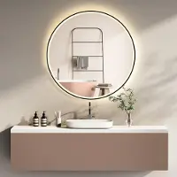 PonteSino HOKO LED-Badspiegel rund 60 cm mit schwarzem Aluminiumrahmen, Touch-Schalter und Memory-Funktion, 2700–6500 K Farbwechsel, IP44 fürs Bad, Helsinki