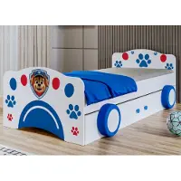 Happy Babies 1x Kinderbett mit Rausfallschutz Junge 160x80 Bett für Kinderzimmer mit Schublade Matratze Einzelbett für Kinder Weiß Blau Auto BETT