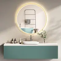 PonteSino HOKO LED-Badspiegel rund 60 cm mit Goldrahmen, Touch-Schalter, Memory-Funktion, Farbwechsel von 2700 bis 6500 K für Bad und Gäste-WC, IP44, Pisa