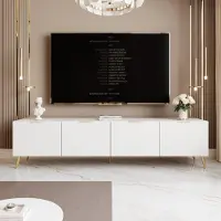Idohome TV-Lowboard Angel 200 cm Weiß Matt – TV-Schrank mit LED-Beleuchtung, Medienmöbel, Fernsehschrank auf goldfarbenen Metallbeinen, Griffe in Gold