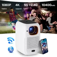 HDeye Mini-Projektor V1 für gleichzeitige, 1080P Anzeige, elektronischer fokus, eingebauter 10400 mAh Akku, Bluetooth 5.0, Weiß