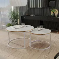 Idohome - Runder Couchtisch 2in1 LAVO mit Metalgestell, 70x48 cm+50x42 cm (Ø x H) Farbe: Weiß / Weiß Hochglanz + Gold