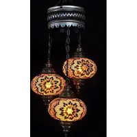 Halay 3-globige hängende Lampe aus braunem Mosaikglas - Türkische Hängelampe mit 3 Mosaikglas-Kugeln - Orientalische Deckenleuchte