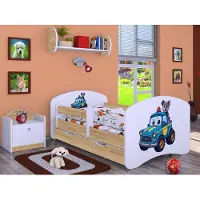Happy Babies Kinderbett - mit Rausfallschutz Junge 140x70 Bett für Kinderzimmer mit Schublade & Matratze Einzelbett für Kinder Gold - Hundethema (Niebieski piesek w aucie policyjnym)