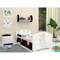 Happy Babies Kinderzimmerbett 140x70 cm mit Matratze Rausfallschutz und Schubladen Bequemes Bett für Kinder Wenge Gravierter Hund