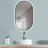 PonteSino HOKO Ovaler LED-Wandspiegel 50x90 cm mit schwarzem Rahmen, 2700–6500 K Farbwechsel, Touch-Schalter und Memory-Funktion fürs Bad, Palermo, IP44