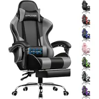 GTPLAYER Gaming-Stuhl Schreibtischstuhl, Ergonomischer Bürostuhl Mit Massagefunktion und Fußstütze, Gestänge Handlauf, Fußkreuz aus Stahl, Grau