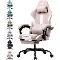 GTPLAYER Gaming Stuhl Ergonomischer Gaming Sessel Schreibtischstuhl mit Stoffoberfläche Atmungsaktiver Bürostuhl Federsitzkissen mit Fußstütze Rosa