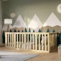 Crazy Pine Kinderbett 120x200 cm – Natürlichem Holz - Montessori Bodenbett mit Hohem Rausfallschutz 73cm und Öffnbarer Barriere - Crazy John