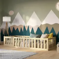 Crazy Pine Kinderbett 140x180 cm – Natürlichem Holz - Montessori Bodenbett mit Rausfallschutz 40cm und Öffnbarer Barriere - Crazy Johnny