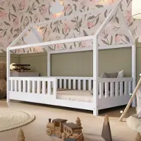 Crazy Pine Hausbett 190x100 cm – Kinderbett aus Naturholz in Weiß – Montessori Bodenbett mit Höhenverstellbaren Beinen - Crazy Blanco
