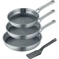 Berndes 4-teiliges Set Bratpfanne 20+24+28 cm, Edelstahl, poliert, inkl. Pfannenwender - Tricion Resist