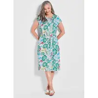 Goldner Sommerkleid "Grünes Midikleid mit floralem Muster" Nahttaschen Kräuselung am Ausschnitt vorne