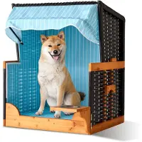 Relaxdays Hundestrandkorb, Rattan, mit Napf, Hundesessel mit Dach, HBT: 95x75x65 cm, Garten & Terrasse, Holz, hellblau