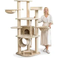 Happy pet Kratzbaum für Katzen groß 181 cm hoch - Stabiler Kletterbaum Katzenbaum, dicke Stämme mit 11 cm, Creme