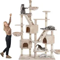 Happy pet Kratzbaum deckenhoch 260 cm hoch, Kletterbaum SAM – Großer XXL Katzenbaum Stabil für mehrere Katzen, stabile 8 cm Säulen, mit Zubehör, Beige