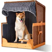 Relaxdays Hundestrandkorb, Rattan, mit Napf, Hundesessel mit Dach, HBT: 95x75x65 cm, Garten & Terrasse, Holz, dunkelblau