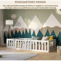 Crazy Pine Kinderbett 90x200 cm – Weiß - Montessori Bodenbett mit Rausfallschutz 40cm und Öffnbarer Barriere - Crazy Johnny