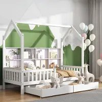 Sweiko Hausbett Kinderbett mit Mehrzweck-Bücherregal-Speichergitter-Kabinett Ablageregal und zwei großen Schubladen mit Stauraum und Kaminform 90x200 Weiß