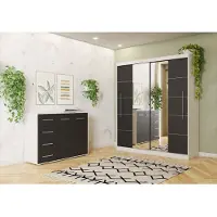 FABRYKA MEBLI IDŹCZAK 2er-Set Schwebetürenschrank mit zwei Spiegeln und Zierleisten Sonoma/Schwarz TORINO III Kommode FRIDA 01