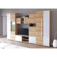 FABRYKA MEBLI IDŹCZAK Wohnwand Anbauwand Schrankwand TV-Lowboard Sideboard Laura mit weißer LED-Beleuchtung (Golden Craft Eiche/Weiß Semigloss)