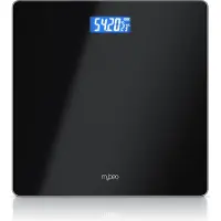 Mybeo Personenwaage digital, Badezimmerwaage aus Sicherheitsglas, 28 x 28 cm Trittfläche, 4 DMS-Sensoren, Wiegebereich bis 180 kg, Temperaturanzeige, LCD-Display, schwarz