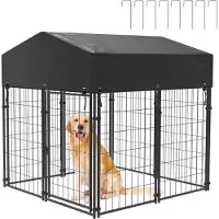 WISFOR Outdoor Hundezwinger mit Überdachung, 127x120x134cm, Hundehütte mit Sonnenschutz, Hundekäfig Tierkäfig Hundehaus aus Metall
