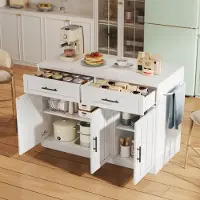 Flieks Esszimmertisch Kücheninsel mit 2 Schubladen und 3 Türen, Servierwagen Küchentisch mit Ladefunktion und Handtuchhalter, 120x60x91cm, Weiß