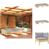 vidaXL 11-tlg. Garten-Lounge-Set mit Grauen Kissen Kiefernholz - Gartenmöbel-Sets
