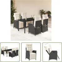 The Living Store 5-tlg. Garten-Essgruppe mit Kissen Schwarz Poly Rattan