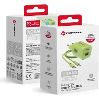 Forcell F-ENERGY Crystal Color GaN III VT-41 travel charger with silicone cable with 1 x Type C + 1x USB A sockets, PD QC4.0 33W green