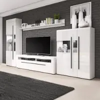 Lomadox Wohnwand weiß Hochglanz TURDA-83 moderner Stil mit Glas, Absetzungen in schwarz und LED Beleuchtung, B/H/T: ca. 340/204/50 cm