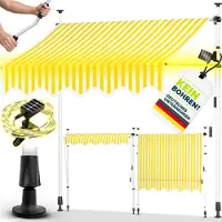 Tillvex Klemmmarkise 250 cm Gelb/Weiß mit Solar LED mit Handkurbel Balkon | Balkonmarkise ohne Bohren | Markise UV-beständig & höhenverstellbar | Sonnenschutz wasserdicht